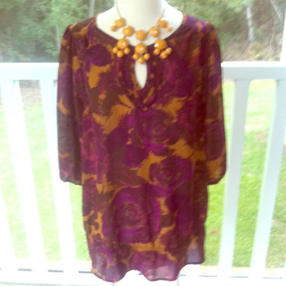 Mustard and Plum Sheer Top with Keyhole Neck - Picture 1 of 1