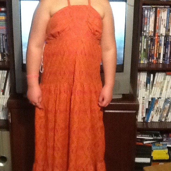 Floor length pink and orange dress