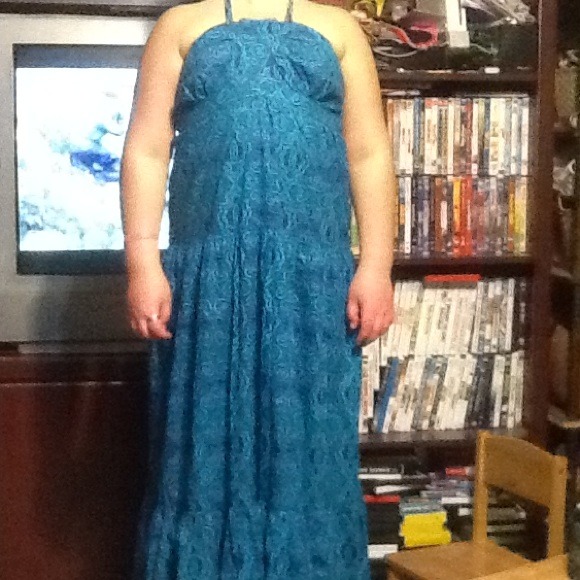 Long turquoise and purple sleeveless dress