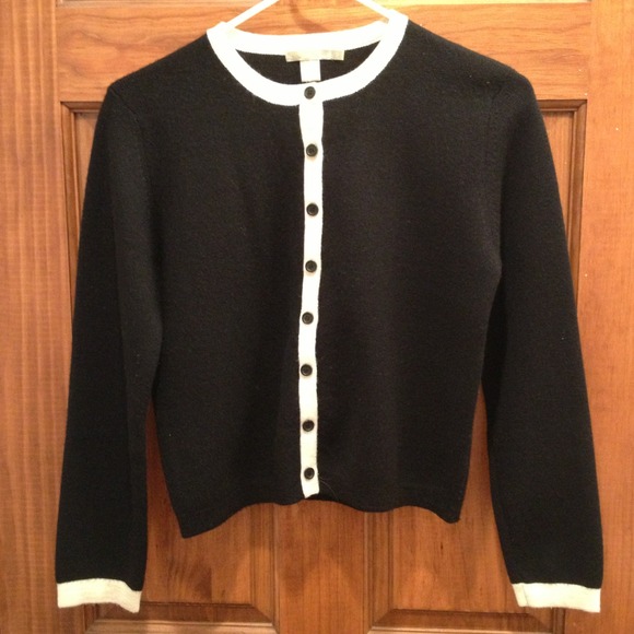 Vintage black wool cardigan with cream trim WARM