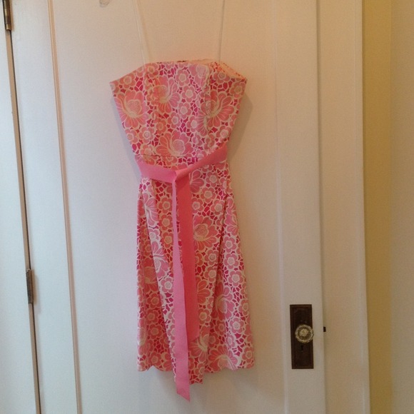 Lilly Pulitzer pink floral strapless dress.