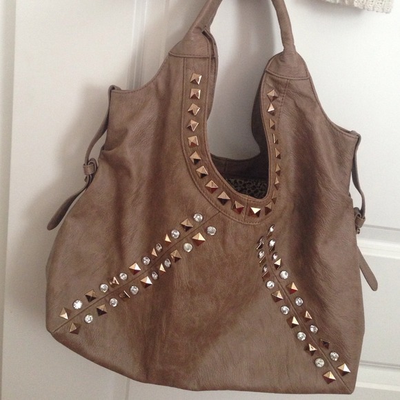 Stone color studded faux leather shoulder bag