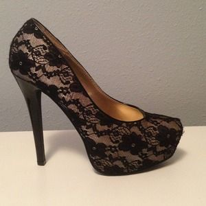 Satin and lace black stilettos