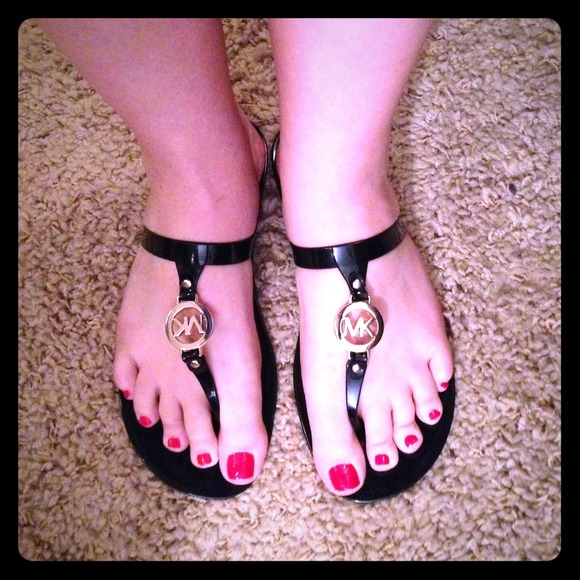 Michael Kors Sondra Gold Logo Black T Strap Sandal