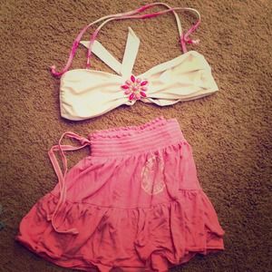 White Pink Jewled bathing suit top. Pink skirt