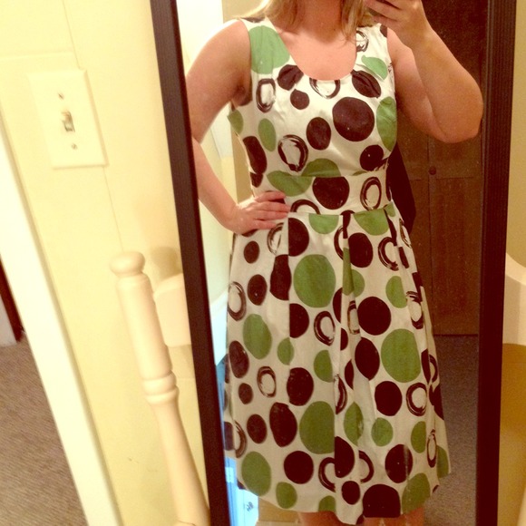 SOLD-----Brown & Green Tea Length Polka Dot Dress