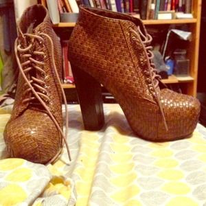 Brown woven wedge pumps, similar to a Lita