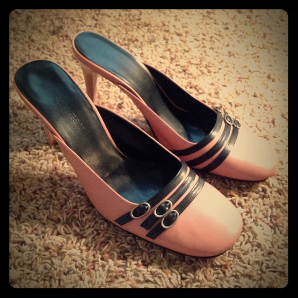 Nine West pink mules with black buckle detail