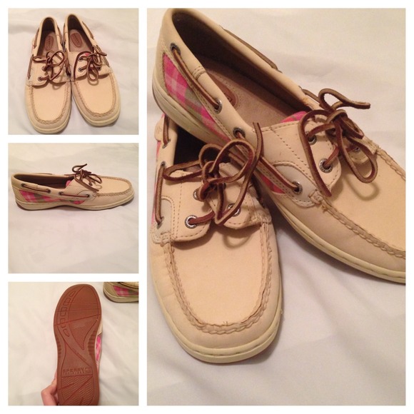 Tan Sperry's with pink plaid details