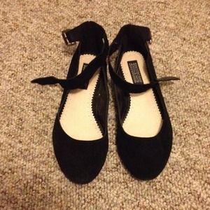 Black suede flats with ankle straps