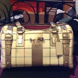 Beige/Plaid Coach purse w gold trimming