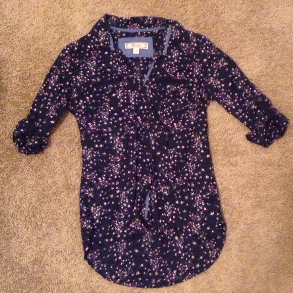 Navy flower pattern button up shirt.