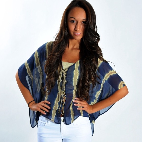 Blue butterfly shirt with lace up middle - Picture 1 of 2