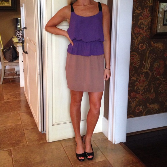 Flirty purple and taupe peplum dress