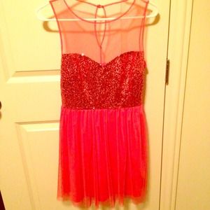 SOLD Coral Peach Illusion Sequin Bodice Med dress