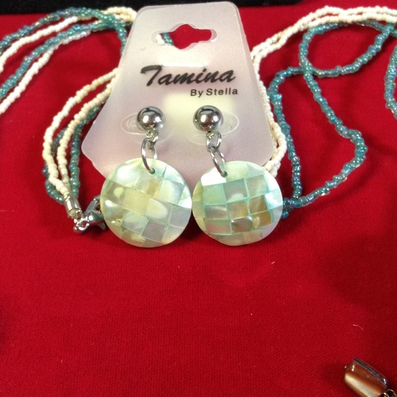 Blue /brown Necklace and pierced earrings - Picture 3 of 4