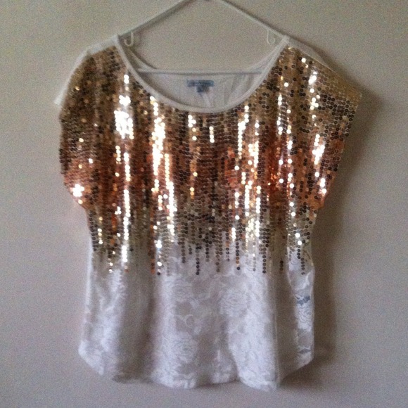 Gold and Tan Sequin and Lace Blouse