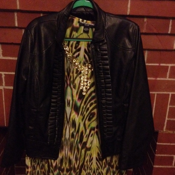 Great find!! Ruffled front leatherette jacket