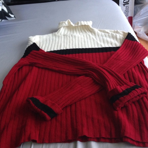White, red and black striped sweater.