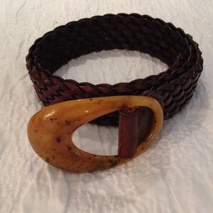 Worth leather braided belt with faux tortoise