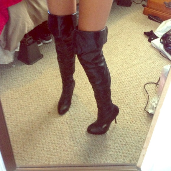 Black faux leather thigh high boots