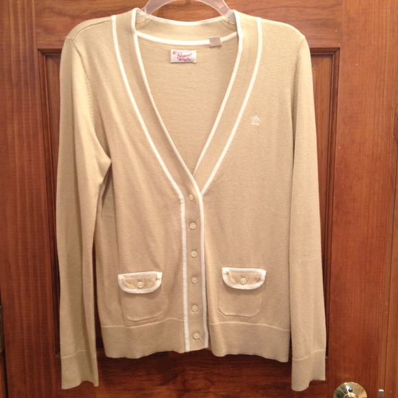 VINTAGE beige cardigan with white trim