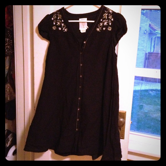 Black anthropologie dress with gold embroidery