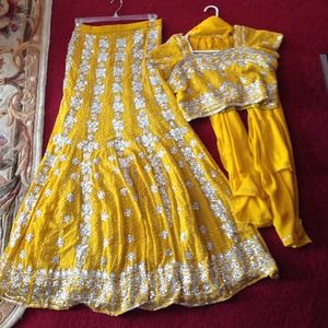 Yellow with silver Indian leghenga