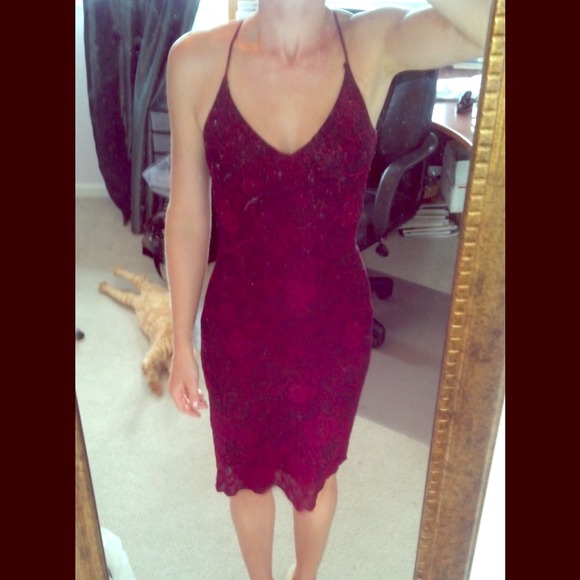 Le Chateau Magenta Lace Criss Cross Back Dress