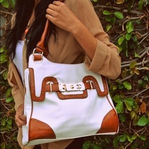 White/brown leather handbag