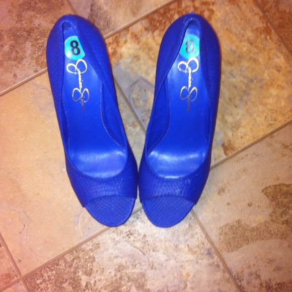 Blue peep toe wedges