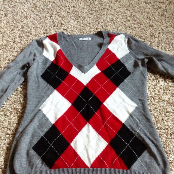 TRADED Red, White, Black and Gray Argyle Sweater