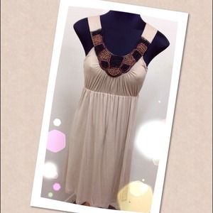 Beautiful taupe beaded neckline jersey dress