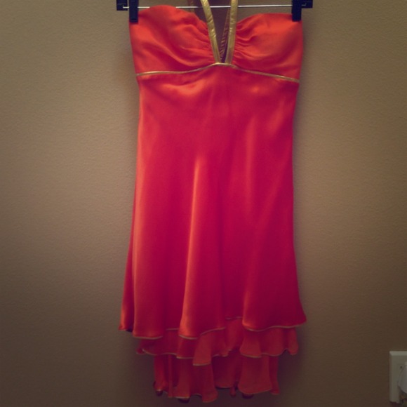 Blood orange an gold trimmed cocktail dress