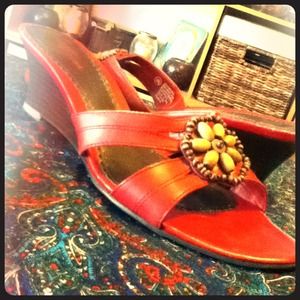 Red leather wedge sandals