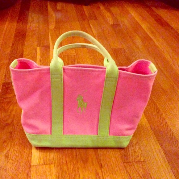 Ralph Lauren preppy pink and green pony logo tote