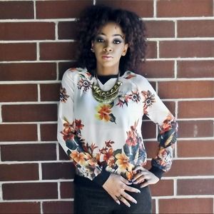 White Floral Chiffon Sweatshirt
