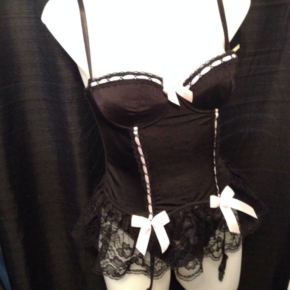sexy black lace lingerie with pink bow detail