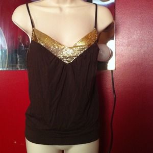 The Limited Banded Bottom Gold Mesh Top