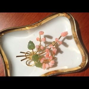 Vintage Jade and Coral Blossom Brooch