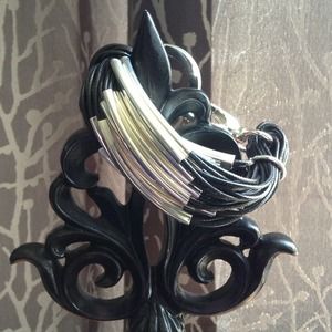 Statement bracelet black leather with silver tone