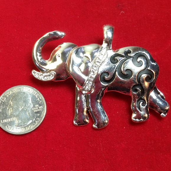 Elephant Pendant.  Silver tone with black