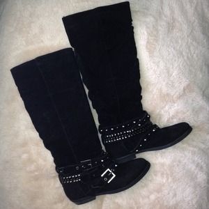 Faux Suede Mid-Length Rocker Boots [Black]