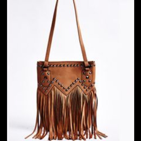 Handbags - Studded fringe brown leather shoulder bag