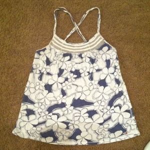 Navy and white floral cross strap tank.