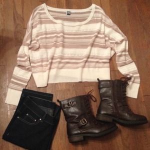 Cropped light brown & cream striped sweater