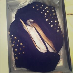 gold spiked suede black wedges