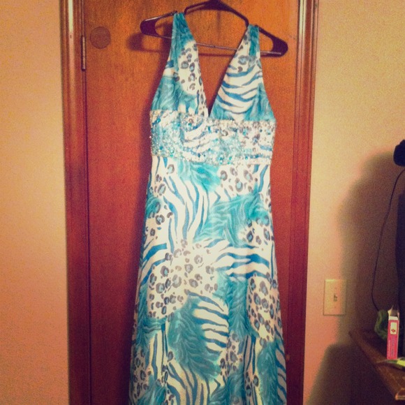Turquoise cheetah and zebra print prom dress.
