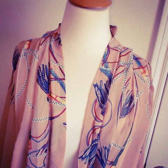 **SOLD**Sheer Beige Navy Red Print Kimono Cardigan - Picture 2 of 4