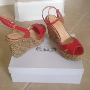 LK Bennett red patent wedges